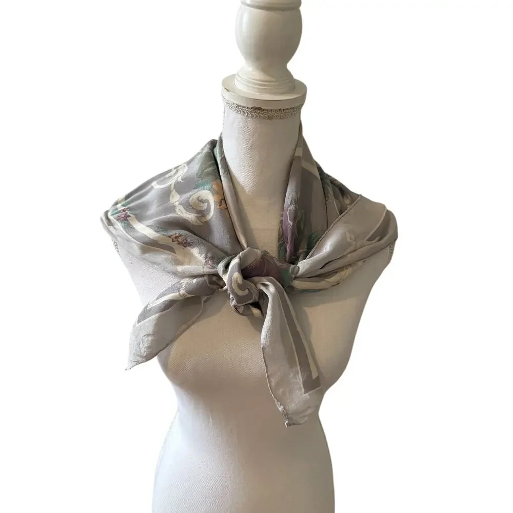Vintage Liz Claiborne Large Square Silk Chiffon Scarf Gray Plum Floral Print